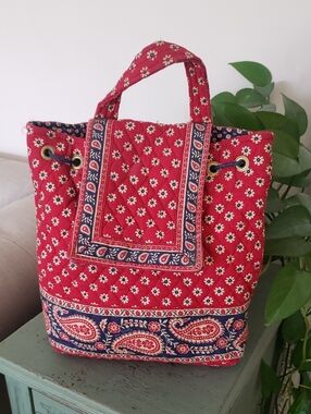 Vintage 90s Vera Bradley Quilted Red Floral Paisley Tote Backpack Bag